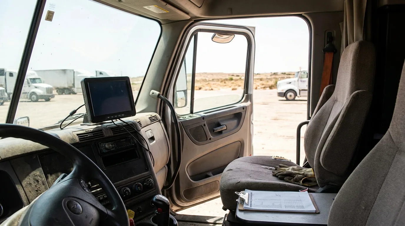 interior of commercial truck cab with dashboard monitor, steering wheel, and clipboard documents on seat