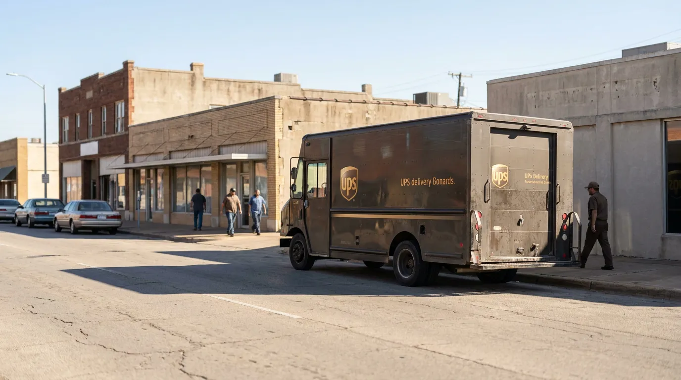 UPS delivery driver unloading truck parked on small-town commercial street