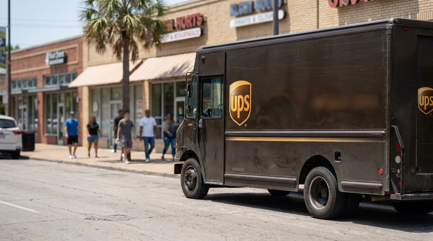 UPS delivery truck parked on urban street near pedestrians and storefronts