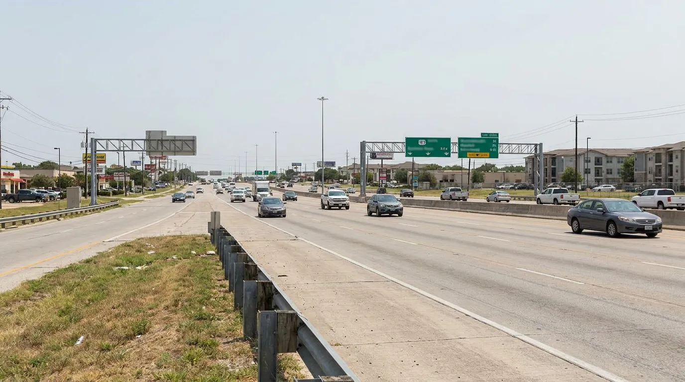 multi-lane highway with overhead directional signs and active vehicle traffic