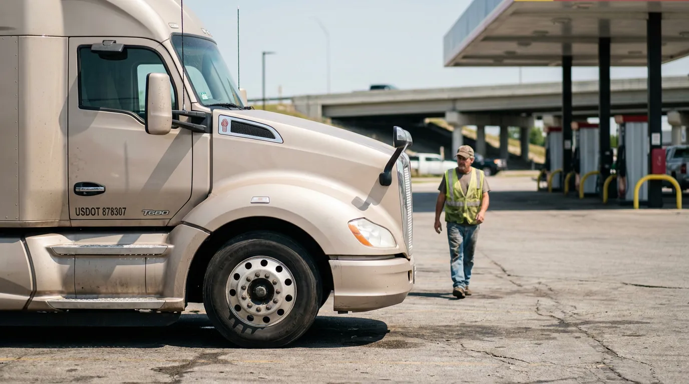 truck driver in safety vest walking beside USDOT 878307 semi-truck at fuel stop