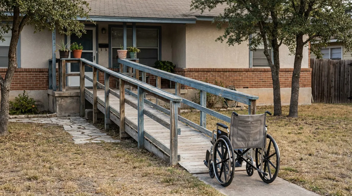 empty wheelchair parked beside wooden accessibility ramp leading to residential home entrance
