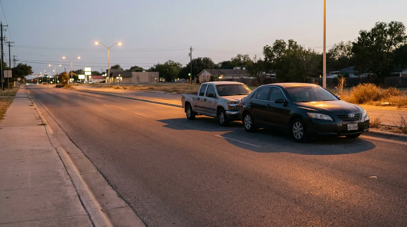 pickup truck rear-ending sedan on empty urban road at dusk