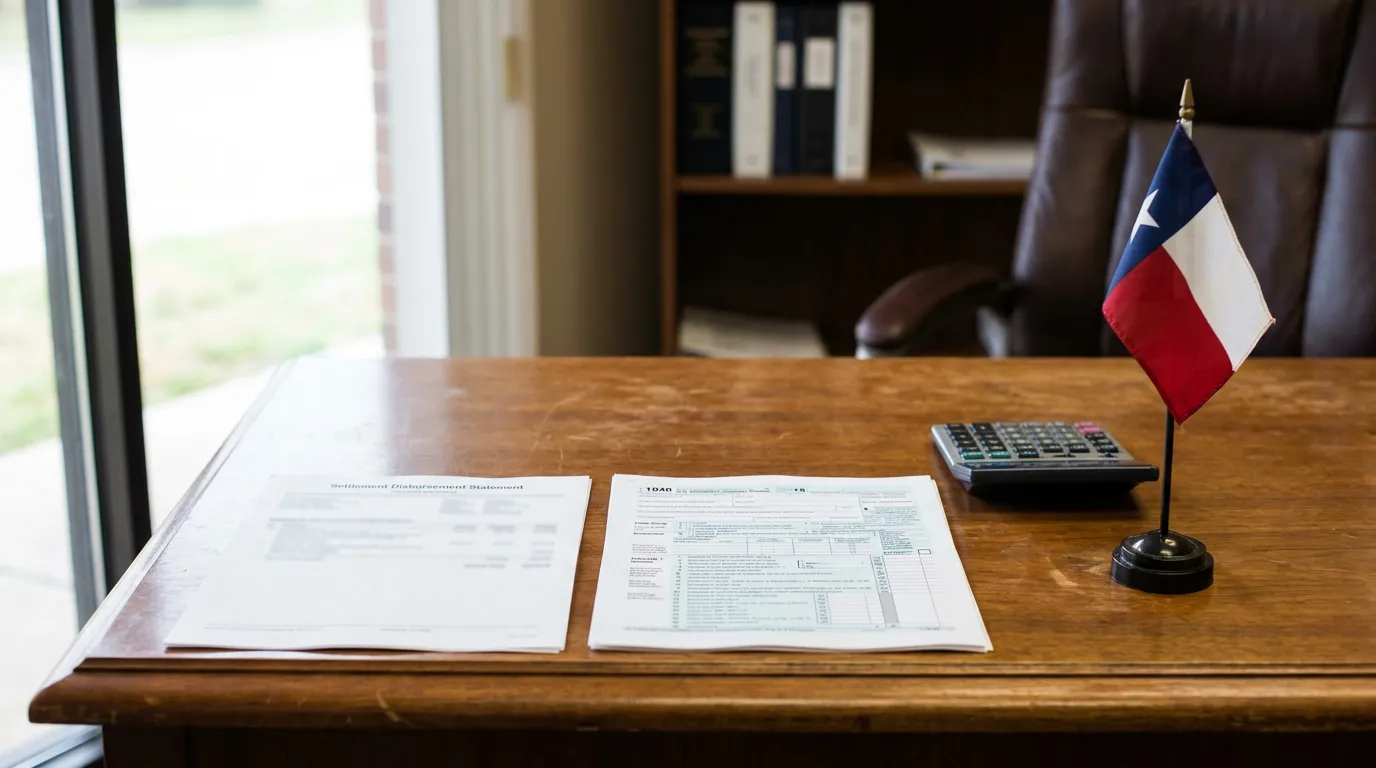 Settlement Disbursement Statement and 1040 tax form on attorney desk with Texas flag